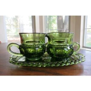 Vintage Indiana Glass Colony Crown Green Creamer Sugar Tray Set Avocado MCM 3pc
